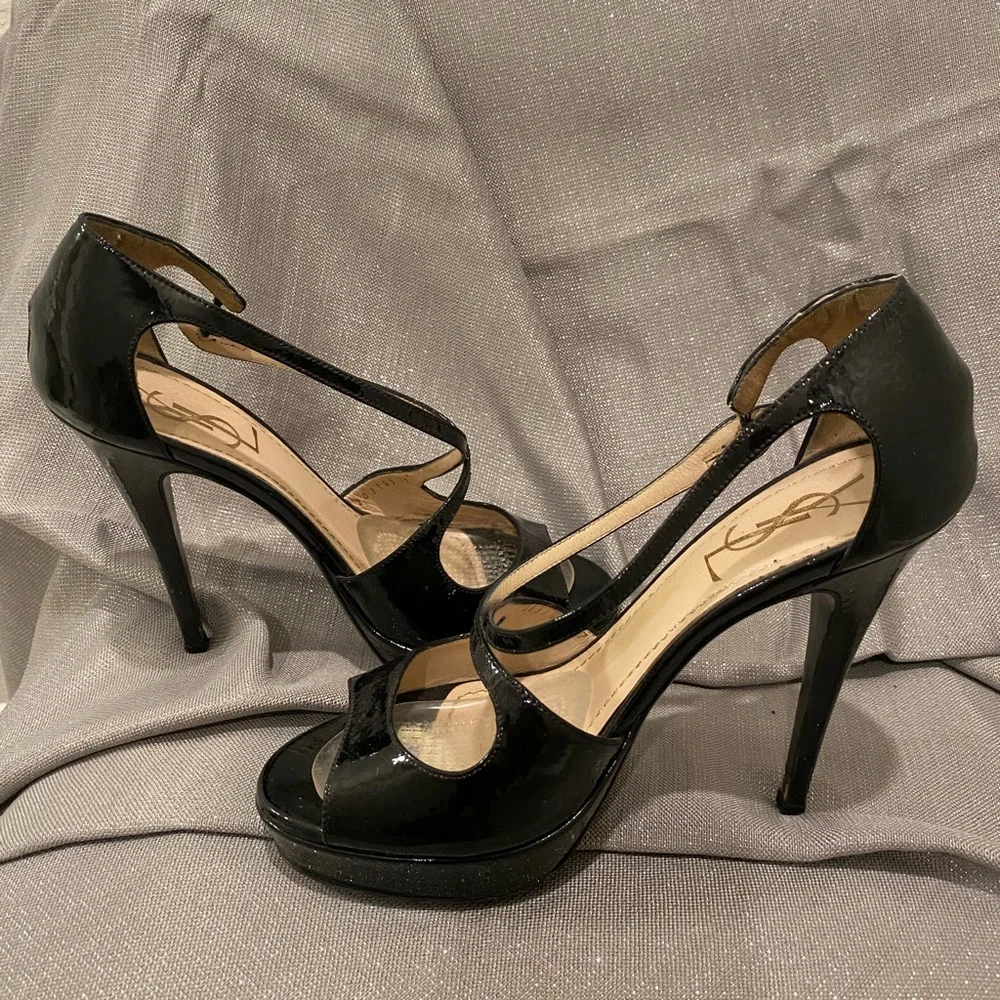Yves Saint Laurent Black Patent Leather Peep-Toe Heels - Picture 4 of 7